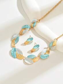 1 dây chuyền & 1 đôi bông tai hợp kim thiết kế hình chiếc lá Bộ trang sức thời trang cho nữ - vàng xanh - Xem 3