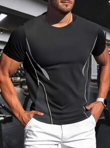 Conjunto Esportivo Masculino de Seda Gelada de Secagem Rápida, Camiseta de Manga Curta - Preto - Visão 1