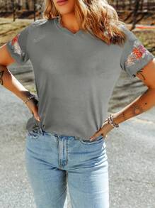 Acelitt Camiseta casual de mujer de manga corta con cuello redondo y bordado floral, para verano