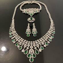 Ensemble de bijoux de mariage de luxe pour femmes - Collier, boucles d'oreilles, bague, bracelet, orné de bijoux colorés (rubis, saphir, émeraude), ensemble de bijoux de mariée, zirconium cubique en cuivre, élégant, romantique, royal, style princesse
