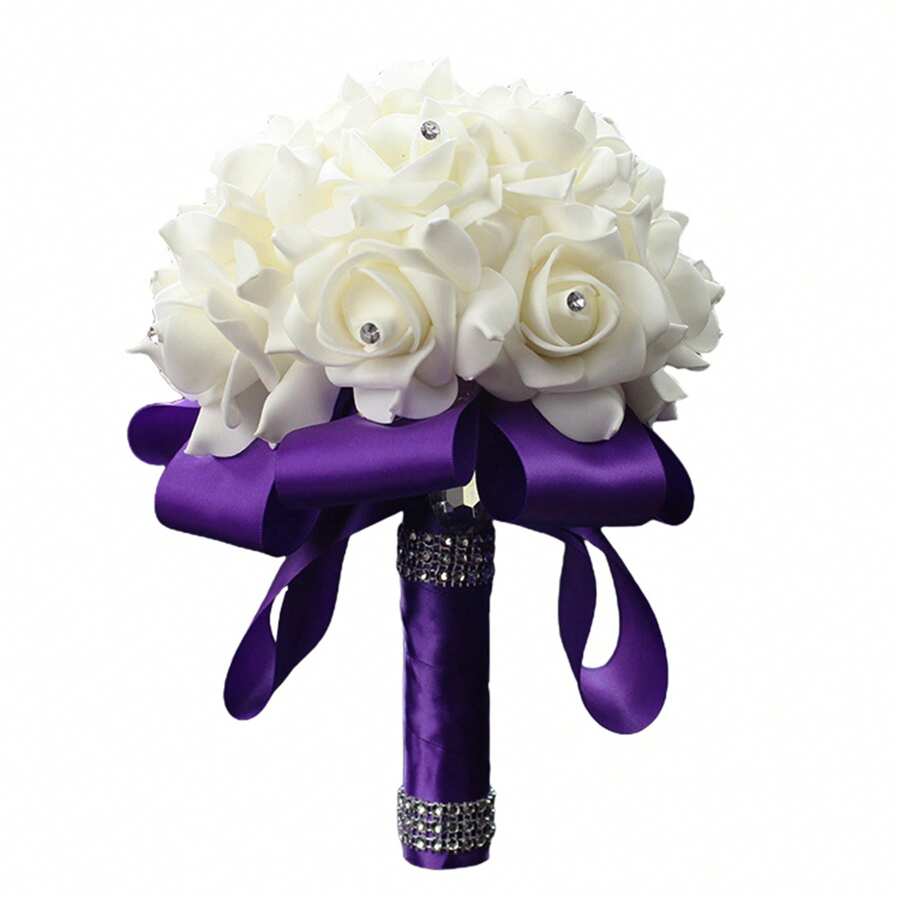 Artificial Wedding Bride Bouquet Handheld Bridesmaid Flower With Ribbon - Purple - View 1