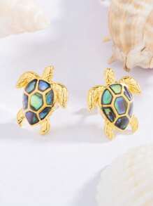 1 Pair 925 Sterling Silver Abalone Shell & Sea Turtle Stud Earrings, Fashionable Unisex