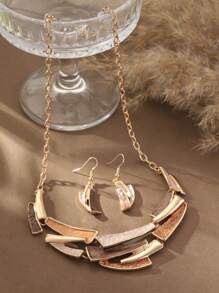 1 Set (2pcs) Bohemian Style Minimalist Elegant Khaki & Blue Dripping Oil Zinc Alloy Geometric Decorated Jewelry Set - Necklace & Earrings, Suitable For Women Daily Wear, Party, Holiday, Gift