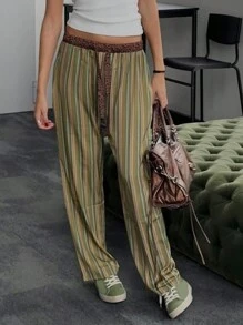 Women's Spring Summer Drawstring Pants Leopard/Stripe Print Loose Wide Leg Trousers