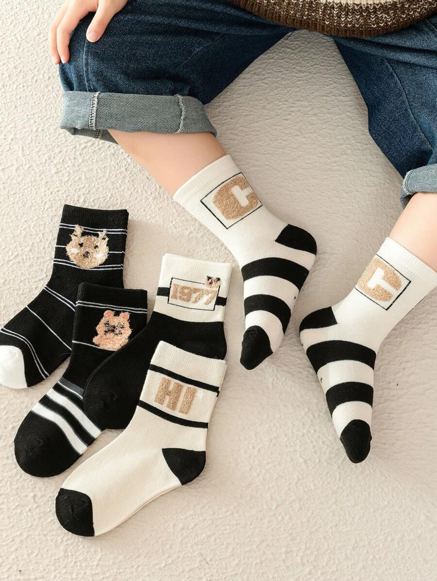 5 双儿童羽毛印花、数字、熊、条纹、卡其色、柔软舒适的中筒袜，适合儿童男孩和女孩，秋冬季 - 彩色 - 查看 1