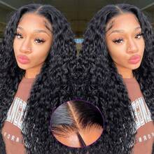 WALSDI 13x4 HD Lace Deep Wave Guleless Lace Frontal Wigs Pre Plucked With Baby Hair 24Inch 13*4 Lace Front Lace Wigs Long Black Water Middle Part Wig For Women Beginner Friendly