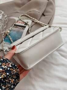 Spring/Summer Minimalist Versatile High-Quality Rhinestone Embroidery & Metallic Bead Strap Mini Crossbody Lipstick Bag, Can Be Worn Diagonally Or Under Arm - White - View 6