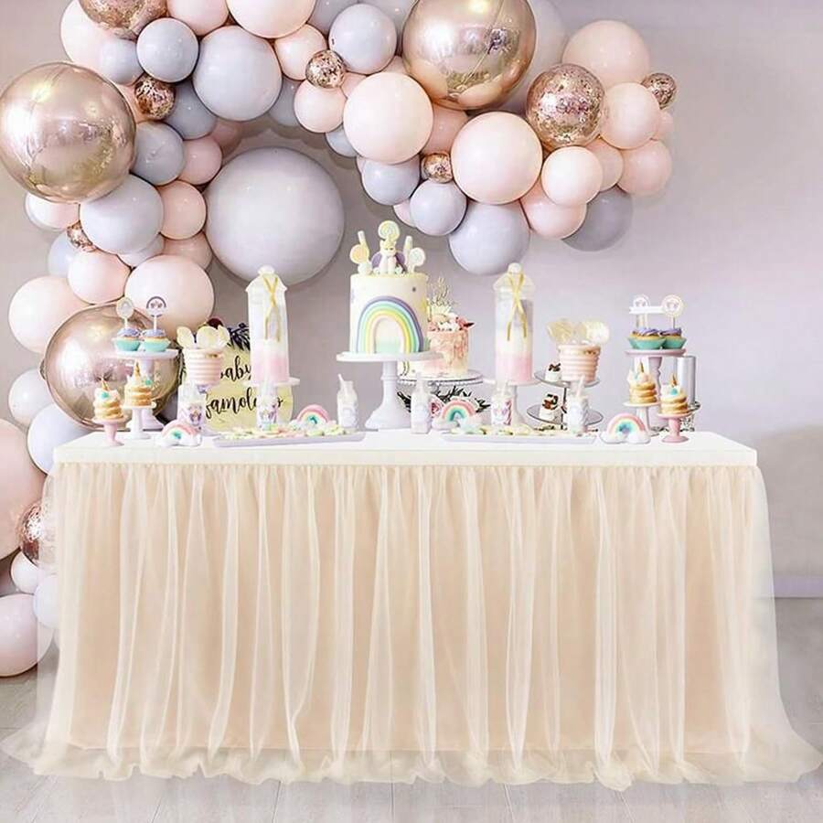 1pc Champagne Sheer Ruffle + Lining Table Skirt, Fits Rectangular And Round Tables - Perfect For Birthday Parties, Weddings, Bridal Showers, Cake Tables, And All Celebration Events