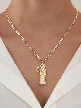 1pc Fashionable Death God Necklace, Gold-Plated Copper Santa Claus Scythe Zirconia Pendant Jewelry, Suitable For Daily Wear, Party, Prayer, Halloween