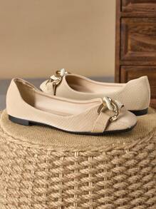 Women's Versatile Square Toe Loafers, Soft Sole Casual Flats, Fashion Metal Chain Decorated Elegant French Style Slip-On Shoes - Khaki - View 6