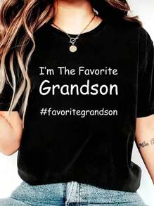100% Cotton I'm The Favorite Grandson Funny Grandson Grand Boys T-Shirt Cotton Graphic Tee For Women, Round Neck Short Sleeve Casual Tops