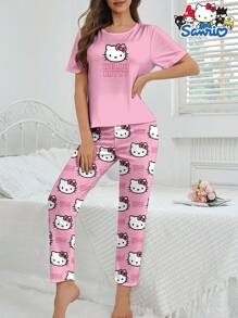 Sanrio Set abbigliamento da casa Hello Kitty Sanrio da 2 pezzi: top a maniche corte con scollo rotondo e pantaloni, set pigiama comodo con stampa di lettere a cartoni animati