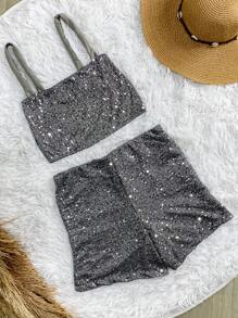 Women's Sequin Shorts Set With Pockets, Cropped Top And Straps For Bloggers - Grey - View 1