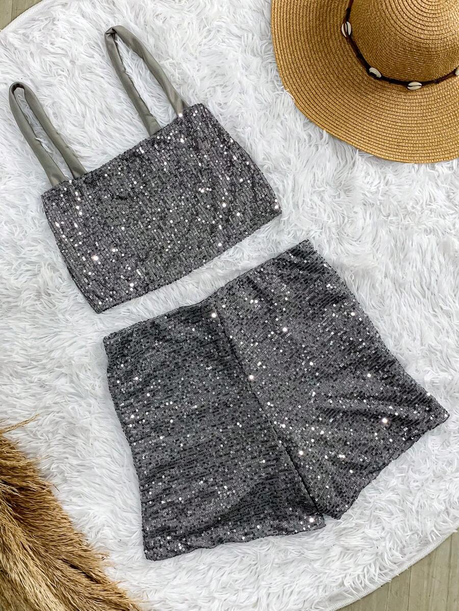 Women's Sequin Shorts Set With Pockets, Cropped Top And Straps For Bloggers - Grey - View 1