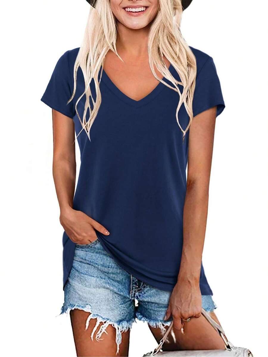 HIGHFINE Women's Deep V-Neck Casual Short Sleeve Loose Basic Fashion T-Shirt