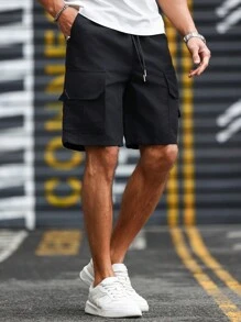 Men's Casual Cargo Shorts - Stylish Streetwear, Solid Color, Side Pocket And Adjustable Drawstring Belt, Polyester, Machine Washer, Loose Fitting Shorts | Sporty Look Shorts | Woven Shorts