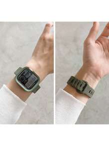 2条装男女通用绿色硅胶可调节运动腕带及柔软镂空防摔保护表壳,适用于 40/41/42/44/45/46/49mm,也适用于Series Ultra/SE/11/10/9/8/7/6/5/4,智能手表配件 - 軍綠色(無手錶) - 查看 3