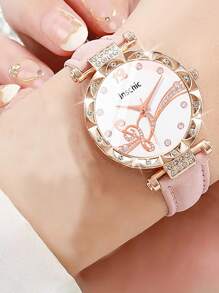 5 件套音符图案粉色皮革石英表、蝴蝶手链项链耳环儿童腕表套装，送给她的礼物，适合日常装扮