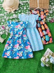 3-Piece Spring & Summer Simple Fashion Outfit, New Style Round Neck Four-Way Stretch Cap Sleeve Dress, Soft, Breathable And Comfortable For Outdoor Activities, Young Girl - Multicolor - View 2