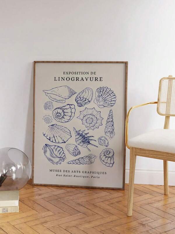 1pc Canvas Poster, Blue Seashells Print, Artistic Alphabet Theme, Modern Vintage Style, Frameless Wall Art, Vertical, Indoor/Outdoor Use, For Living Room, Bedroom, Kitchen, Bathroom, Spring/Winter Season, Ink Art Medium