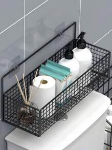 1/2pcs Wall-Mounted Bathroom Storage Rack, No-Hole Bathroom Shelf, Shower Caddy Organizer With Hooks, For Vanity Wall Mount Storage, Bathroom Decor & Accessories, Practical Shelf