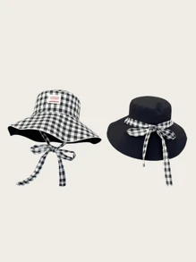1pc Women's Plaid Casual Polyester UPF Sun Protection Reversible Bucket Hat, Suitable For Spring/Summer