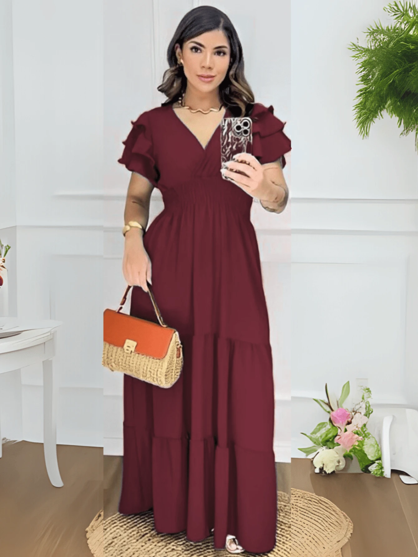 Vestido Longo Feminino com Manga Babado Saia 3 Maria Festa Madrinha Evangélico Casamento Formatura