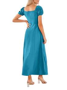 Women's Summer Long Dress Solid Color Short Sleeve Square Neck Ruched Tie Up Party Dress - Lake Blue - View 5