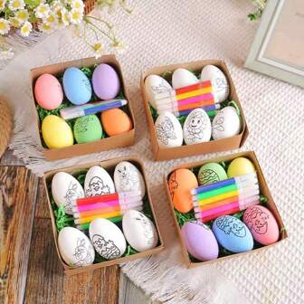 6pcs Easter DIY Hand-Painted Colored Eggs, Cartoon Rabbit & Chicken Egg Painting Crafts, Easter Festival Decoration Supplies