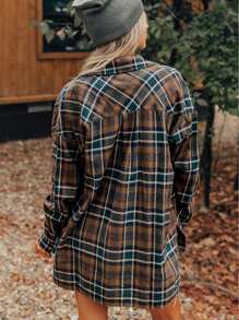 Brown Plaid Print Chest Pockets Buttoned Shirt Jacket