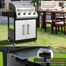 Stainless Steel Gas Grill 4+1 Burners, 15 Kw Gas Grill BBQ With Side Cooking Surface, Gas Grill With Thermometer, Brake Wheels, Stand Grill DE I3B/P(50) Gas Pressure Regulator, Grill Kitchen Camping Garden (Butane/Propane) - Silver - View 2