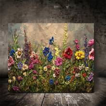 Vibrant Wildflower Garden Canvas Wall Art,   With Wooden Frame  Colorful Floral Landscape, Textured Background, Ready To Hang  Ideal For Home And Living Room Decor, Outdoor Garden Decor