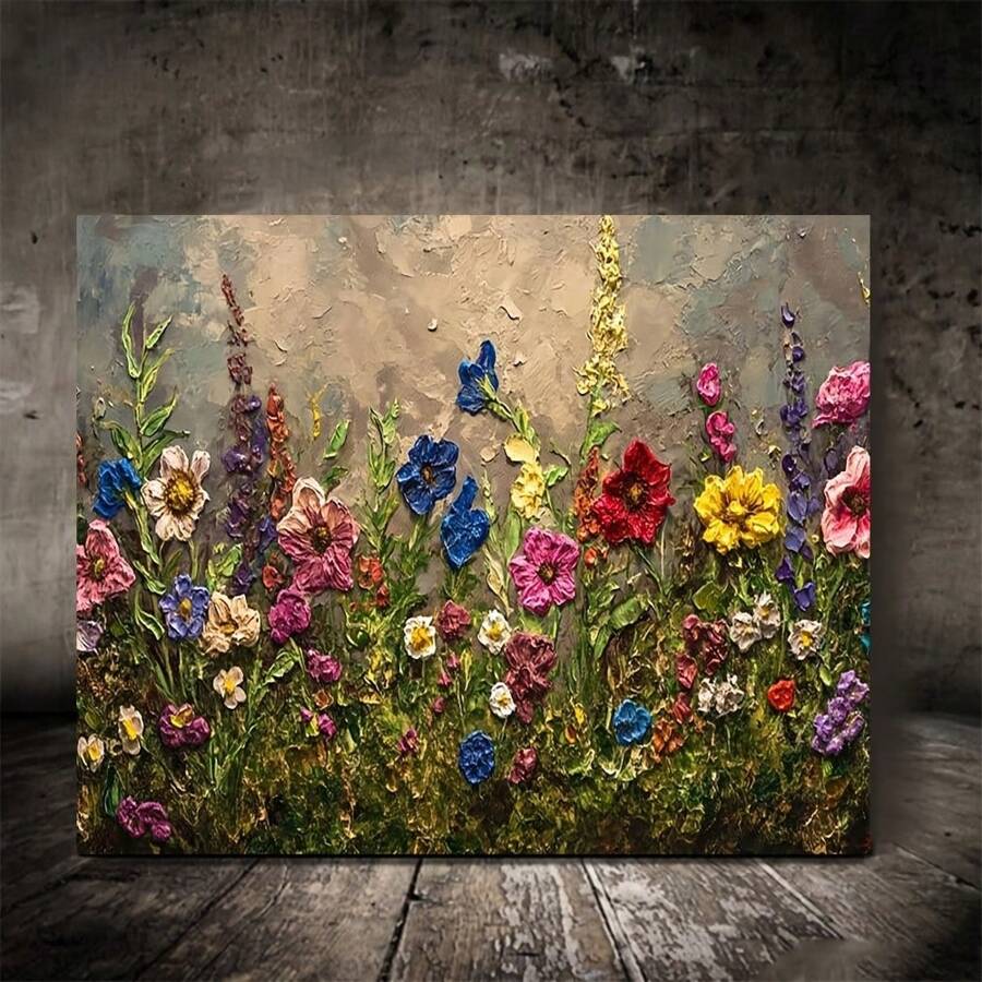Vibrant Wildflower Garden Canvas Wall Art,   With Wooden Frame  Colorful Floral Landscape, Textured Background, Ready To Hang  Ideal For Home And Living Room Decor, Outdoor Garden Decor