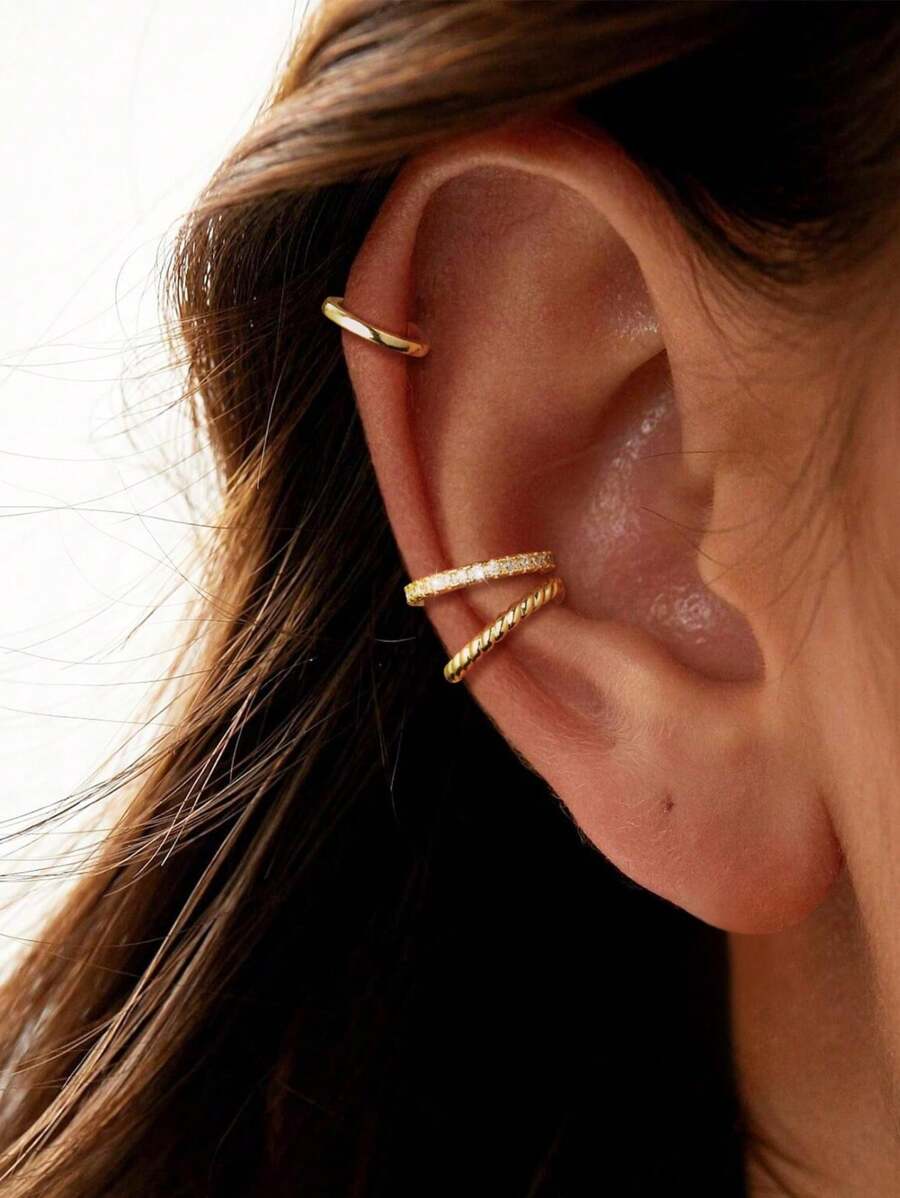 3 件/套 非穿孔 黄金耳夹 薄方晶锆石 耳钉 耳骨耳环 女式珠宝礼物