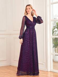 V-Neck Sequin Lantern Sleeve Ball Gowns Woman Formal,Wedding Guest Dress For Wedding,For Graduation, Dinner - Purple - View 6