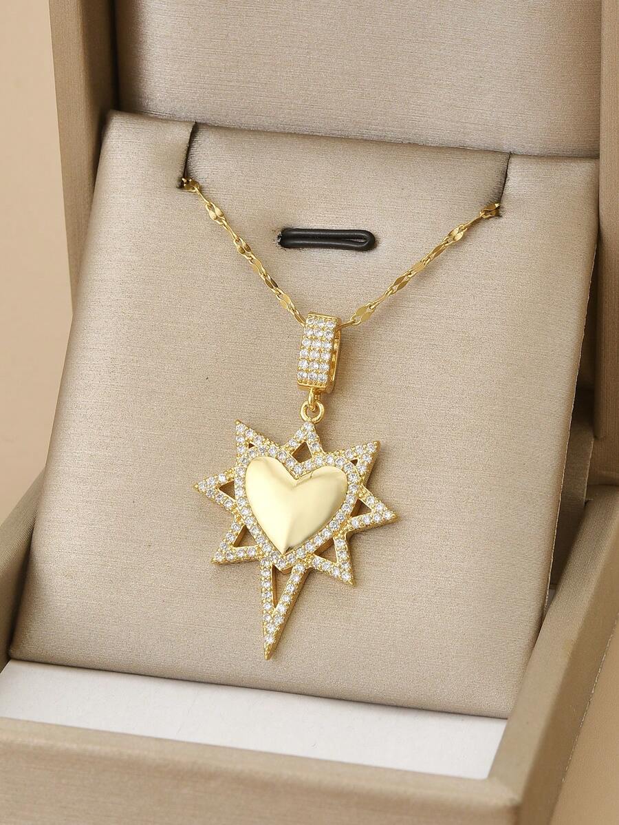 1 Pc Luxury Fully Diamond-Studded Stainless Steel Star Pendant Necklace For Women