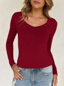 Vaiaye 女士修身 V 领性感长袖 Y2K 针织上衣，春夏纯色 V 领 T 恤，适合情人节穿着 - 酒紅色 - 查看 5