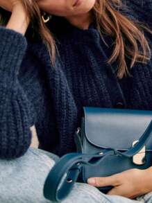 Women's Casual Long Sleeve Loose Knit Sweater Button Closure Cuffs Tightening - Màu xanh hải quân - Xem 4