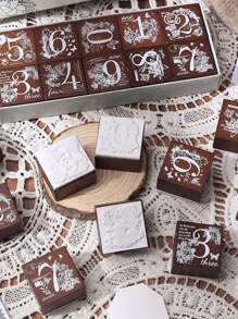 10pcs/27pcs Vintage Flower & Number Pattern Wooden Stamps, Delicate Flower And Grass Pattern Engraved Stamps, Scrapbook Decoration, DIY Handbook Greeting Card Decoration, Gifts For Friends