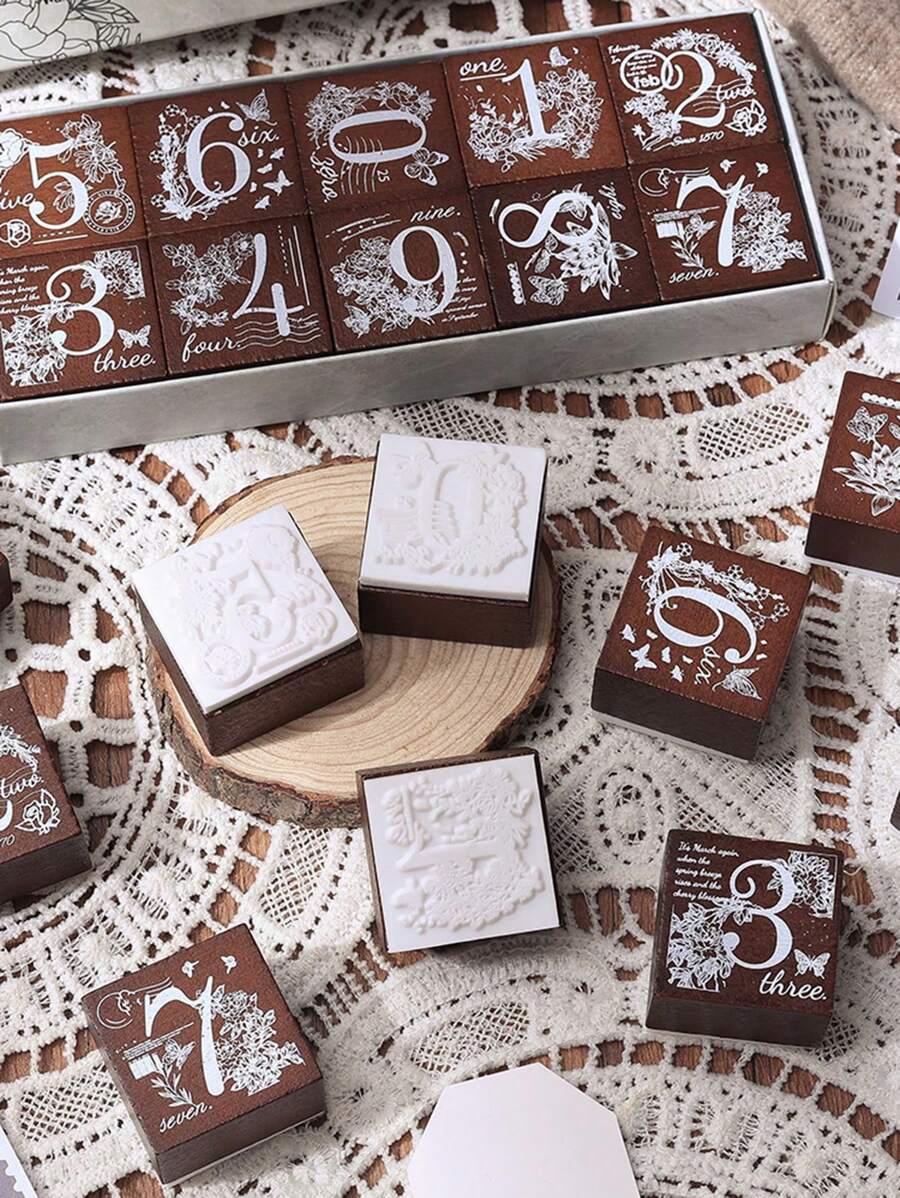 10pcs/27pcs Vintage Flower & Number Pattern Wooden Stamps, Delicate Flower And Grass Pattern Engraved Stamps, Scrapbook Decoration, DIY Handbook Greeting Card Decoration, Gifts For Friends