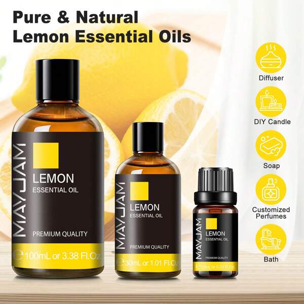 Lemon Essential Oil 10/30/100ml,MAYJAM 1pc Premium Lemon Oils For Aromatherapy Diffusers Humidifier Candle And Soap Making,Pure Essential Oils For Diffusers For Home DIY Perfume,Long Lasting Scents