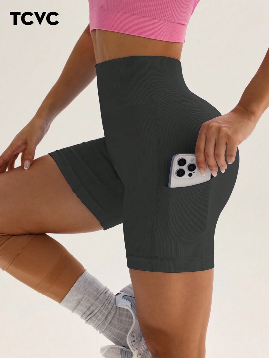 TCVC 女士瑜伽健身口袋罗纹短裤，亲肤百搭高弹力收腹提臀室内/户外瑜伽休闲短裤 - 深灰色 - 查看 1