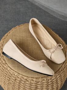 Women's Square Toe Ballet Flats With Bow Decor, Casual Versatile Black Flat Shoes For All Seasons - Apricot - View 3