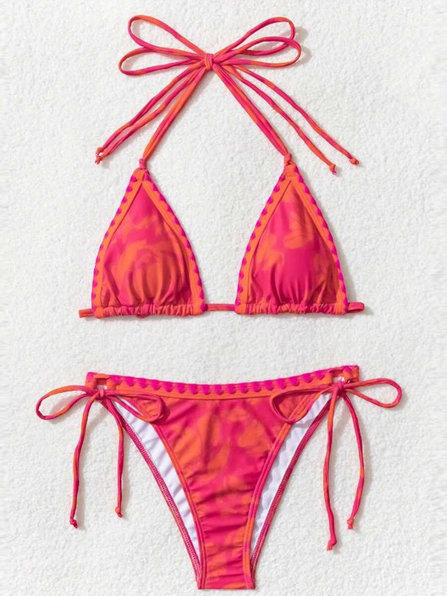 Women 2 Pieces Bikini Swimsuits Print Tie-Up Halter Neck Sleeveless Padded Bra Thong Bottoms Beach Bathing Suit Set
