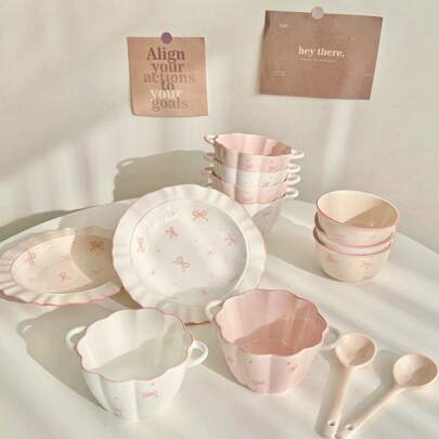 2pcs/4pcs Set Cute Ceramic Tableware, Underglaze Floral Bowl/Plate, Suitable For Students Back To School, Family Dining, Holiday Gifts, Decoration For Gatherings