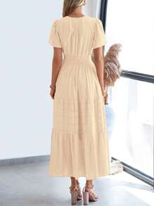 Womens Summer Maxi Dresses Short Sleeve High Waist Tiered Flowy A-Line Boho Bohemian Beach Long Dress Holiday Vacation Beach Valentine Long Dress Outfit - Màu be - Xem 2