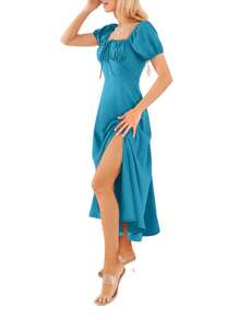 Women's Summer Long Dress Solid Color Short Sleeve Square Neck Ruched Tie Up Party Dress - Lake Blue - View 4