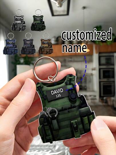 1 pieza Llavero personalizado de chaleco antibalas de acrílico - Texto personalizado, estilo de moda, accesorio versátil para el interior del automóvil, decoración del hogar, accesorio para mochila y llavero - Ligero y colorido