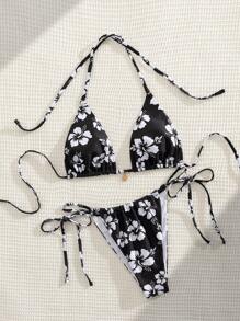 PEPPERMOLLY New Soft Fabric Printed Halter Tie-Up Elegant Party Bikini Set, Summer Beach Fashion Women Swimwear, Black - Black - View 3