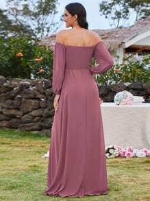 EVERPRETTY Elegant Spring Sweetheart Neck Off Shoulder Split Thigh Chiffon Dusty Pink Bridesmaid Dresses Formal Dress